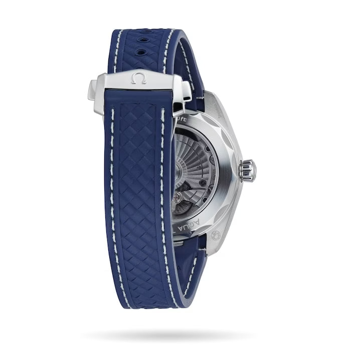Omega Seamaster Aqua Terra men's automatic watch, 41mm stainless steel case, blue dial, blue rubber strap – strap clasp view