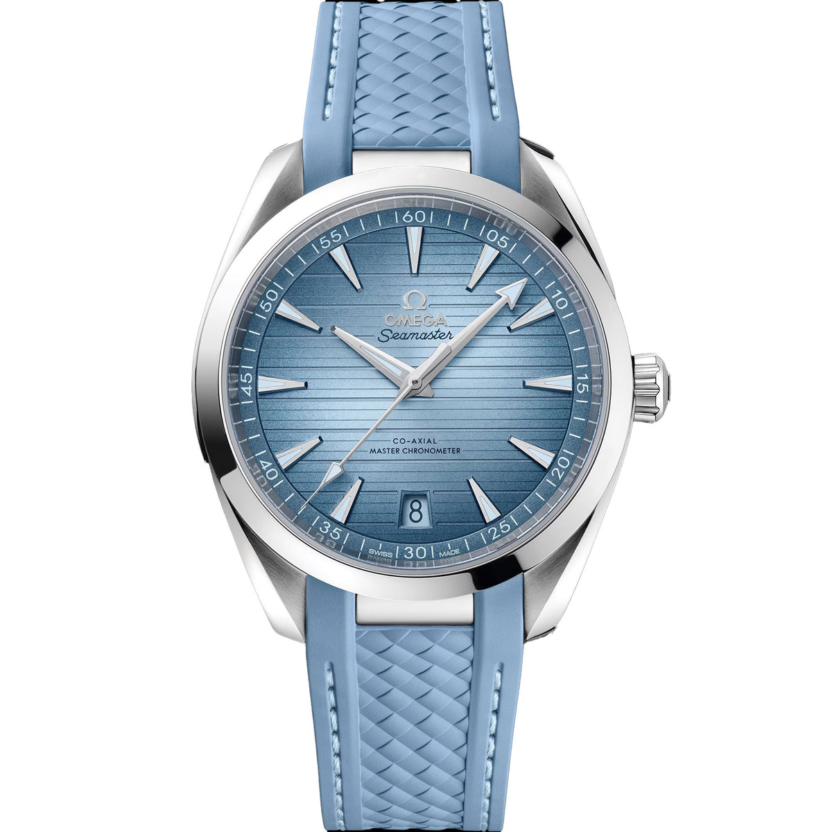 Omega Seamaster Aqua Terra men's automatic watch, 41mm stainless steel case, ice blue dial, light blue rubber strap – front view