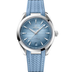 Omega Seamaster Aqua Terra men's automatic watch, 41mm stainless steel case, ice blue dial, light blue rubber strap – front view