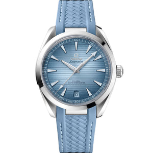 Omega Seamaster Aqua Terra men's automatic watch, 41mm stainless steel case, ice blue dial, light blue rubber strap – front view