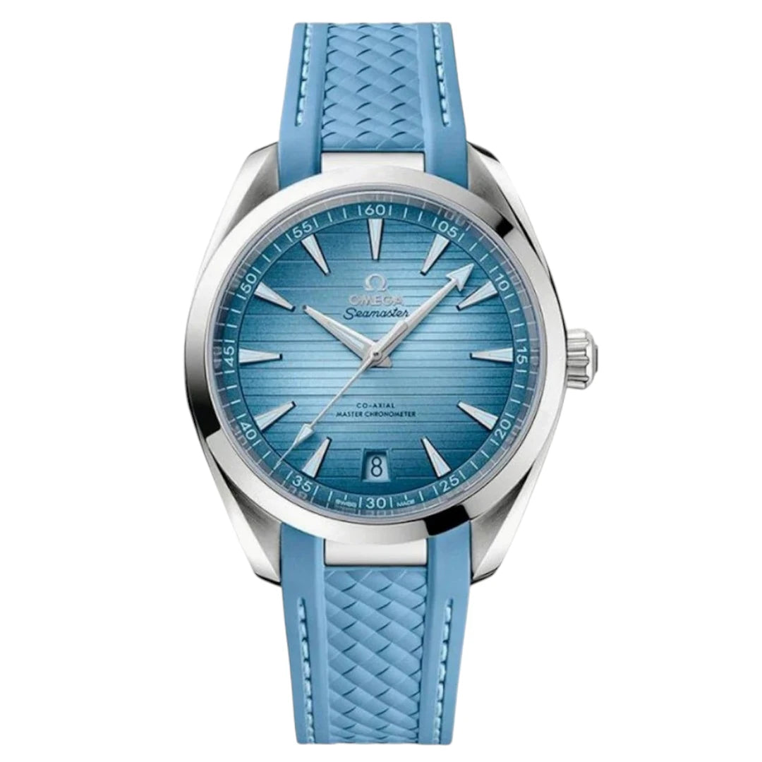 Omega Seamaster Aqua Terra men's automatic watch, 41mm stainless steel case, ice blue dial, light blue rubber strap – full front view