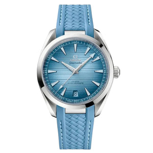Omega Seamaster Aqua Terra men's automatic watch, 41mm stainless steel case, ice blue dial, light blue rubber strap – full front view