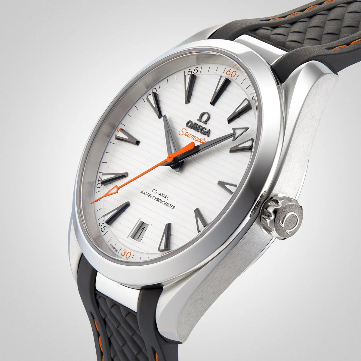Omega Seamaster Aqua Terra men's automatic watch, 41mm stainless steel case, silver dial – angle view on grey background