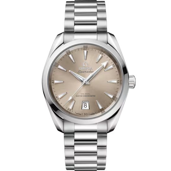 Omega Seamaster Aqua Terra Shades 220.10.38.20.09.001 automatic watch, 38mm stainless steel case, sandstone dial, steel bracelet – full front view