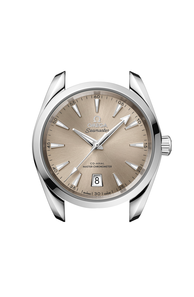 Omega Seamaster Aqua Terra Shades 220.10.38.20.09.001 automatic watch, 38mm stainless steel case, sandstone dial, steel bracelet – side angle view