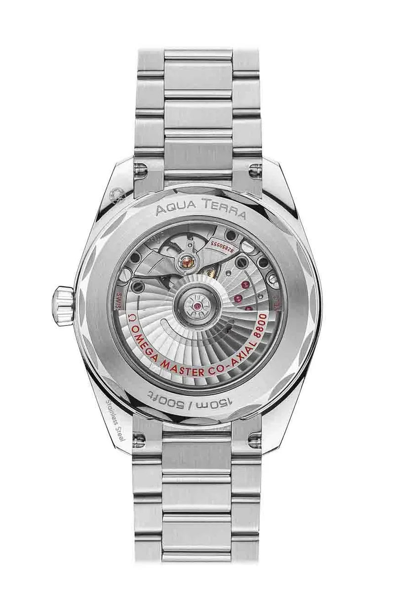 Omega Seamaster Aqua Terra Shades 220.10.38.20.12.001 automatic watch, 38mm stainless steel case, orange dial, steel bracelet – caseback movement view