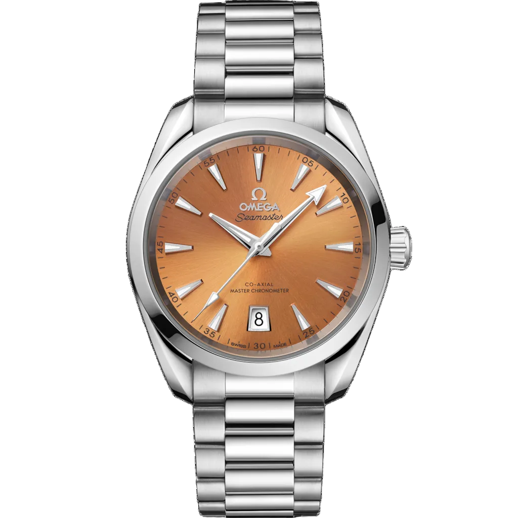 Omega Seamaster Aqua Terra Shades 220.10.38.20.12.001 automatic watch, 38mm stainless steel case, orange dial, steel bracelet – full front view