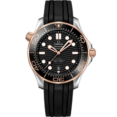 Omega Seamaster Diver 300M 210.22.42.20.01.002 men's automatic watch, 42mm steel and Sedna gold case, black dial, black rubber strap – front view
