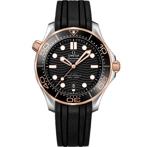 Omega Seamaster Diver 300M 210.22.42.20.01.002 men's automatic watch, 42mm steel and Sedna gold case, black dial, black rubber strap – front view