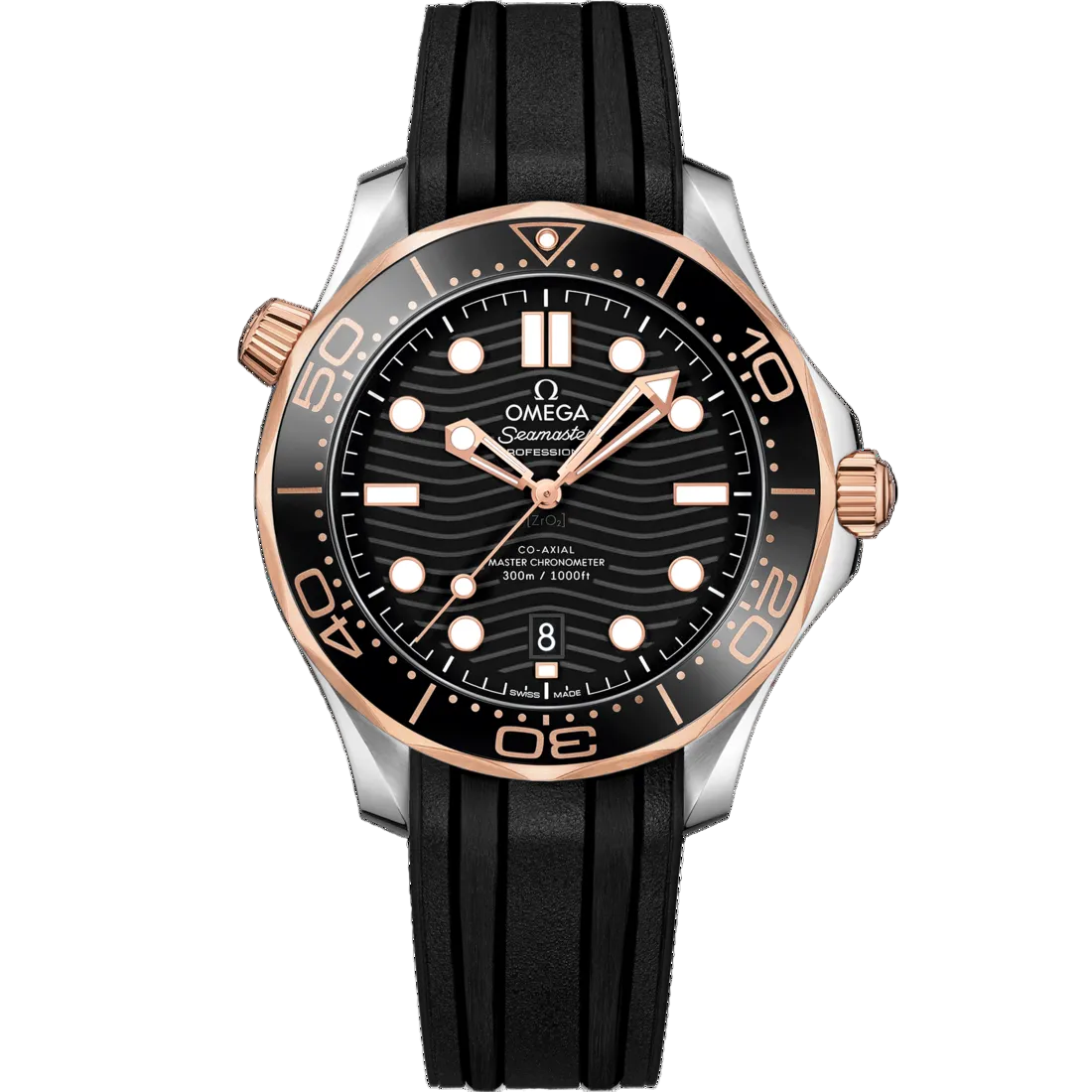 Omega Seamaster Diver 300M 210.22.42.20.01.002 men's automatic watch, 42mm steel and Sedna gold case, black dial, black rubber strap – full front view