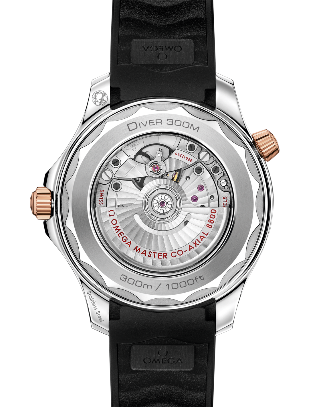 Omega Seamaster Diver 300M 210.22.42.20.01.002 men's automatic watch, steel and Sedna gold – transparent caseback showing the automatic movement