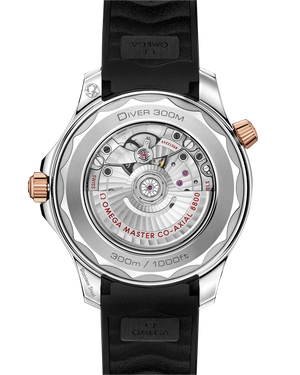 Omega Seamaster Diver 300M 210.22.42.20.01.002 men's automatic watch, steel and Sedna gold – transparent caseback showing the automatic movement