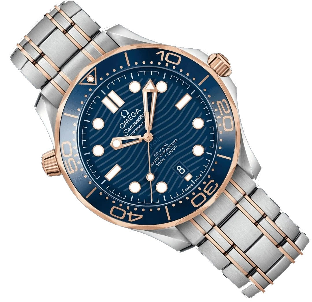 Omega Seamaster Diver 300M 210.22.42.20.03.001 men's automatic watch, 42mm steel and rose gold case, blue dial, two-tone bracelet – angle view on white background