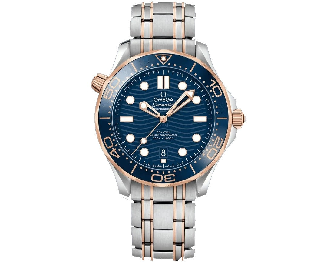 Omega Seamaster Diver 300M 210.22.42.20.03.001 men's automatic watch, 42mm steel and rose gold case, blue dial, two-tone bracelet – front view on white background
