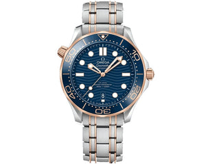 Omega Seamaster Diver 300M 210.22.42.20.03.001 men's automatic watch, 42mm steel and rose gold case, blue dial, two-tone bracelet – front view on white background