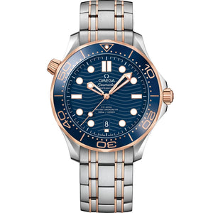 Omega Seamaster Diver 300M 210.22.42.20.03.001 men's automatic watch, 42mm steel and rose gold case, blue dial, two-tone bracelet – front view