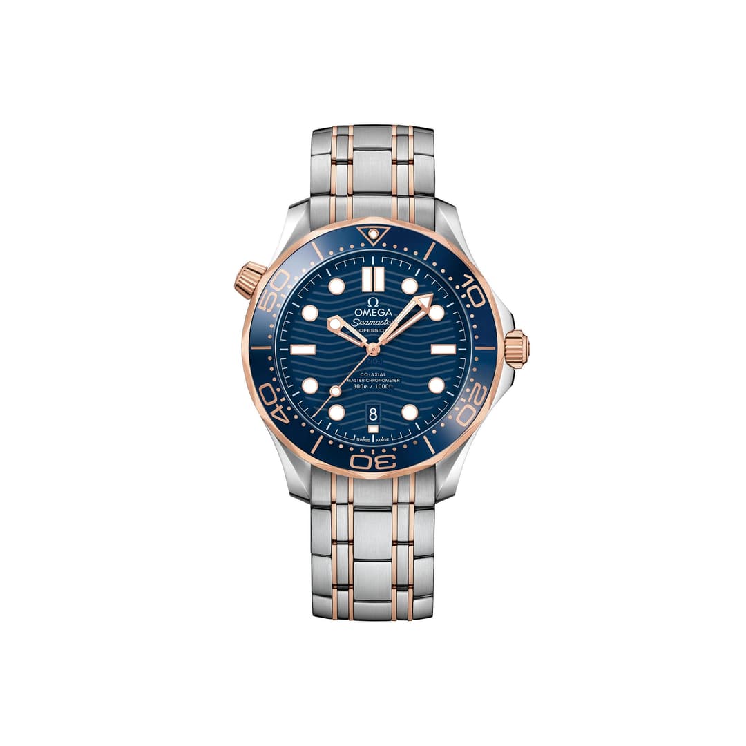 Omega Seamaster Diver 300M 210.22.42.20.03.001 men's automatic watch, 42mm steel and rose gold case, blue dial, two-tone bracelet – full front view