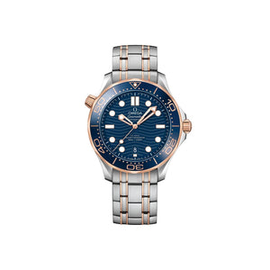 Omega Seamaster Diver 300M 210.22.42.20.03.001 men's automatic watch, 42mm steel and rose gold case, blue dial, two-tone bracelet – full front view