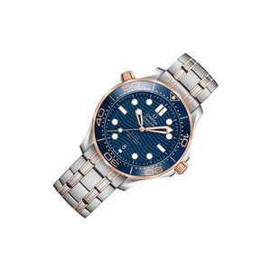 Omega Seamaster Diver 300M 210.22.42.20.03.001 men's automatic watch, 42mm steel and rose gold case, blue dial, two-tone bracelet – left angle view
