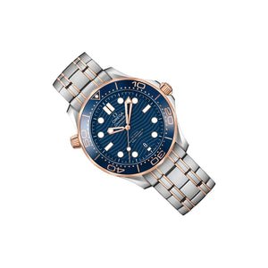 Omega Seamaster Diver 300M 210.22.42.20.03.001 men's automatic watch, 42mm steel and rose gold case, blue dial, two-tone bracelet – right angle view