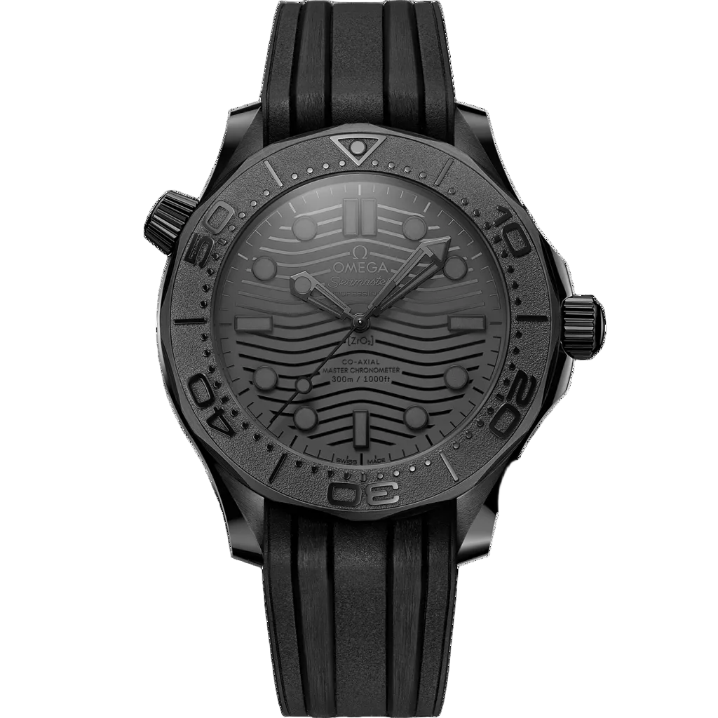 Omega Seamaster Diver 300M Black Black 210.92.44.20.01.003 men's automatic watch, 43.5mm black ceramic case, black dial, black rubber strap – front view