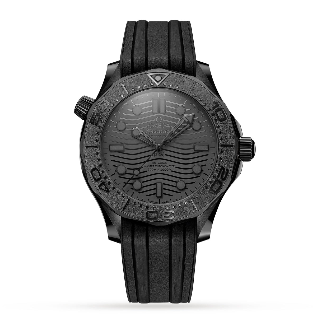 Omega Seamaster Diver 300M Black Black 210.92.44.20.01.003 men's automatic watch, 43.5mm black ceramic case, black dial, black rubber strap – full front view