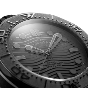 Omega Seamaster Diver 300M Black Black 210.92.44.20.01.003 men's automatic watch – black ceramic wave dial close-up