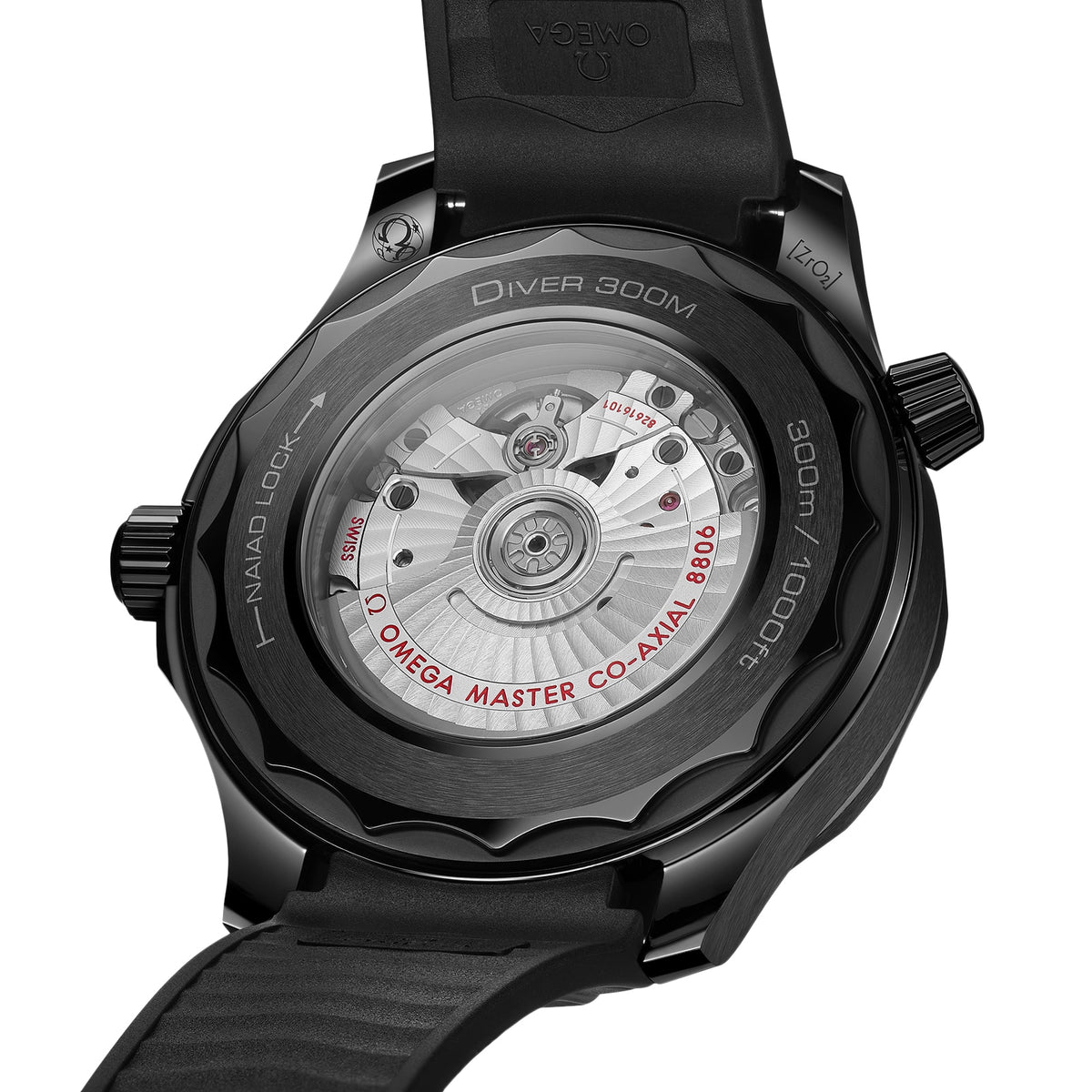 Omega Seamaster Diver 300M Black Black 210.92.44.20.01.003 men's automatic watch, black ceramic – transparent caseback showing the automatic movement