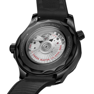 Omega Seamaster Diver 300M Black Black 210.92.44.20.01.003 men's automatic watch, black ceramic – transparent caseback showing the automatic movement