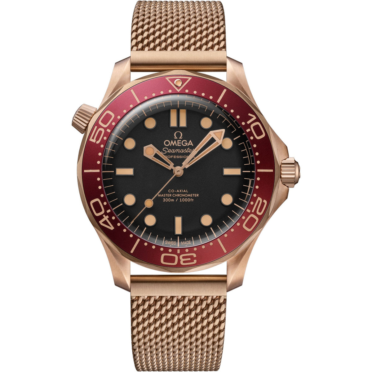 Omega Seamaster Diver 300M Bronze Gold men's automatic watch, 42mm bronze gold case, black dial, burgundy bezel, mesh bracelet – front view