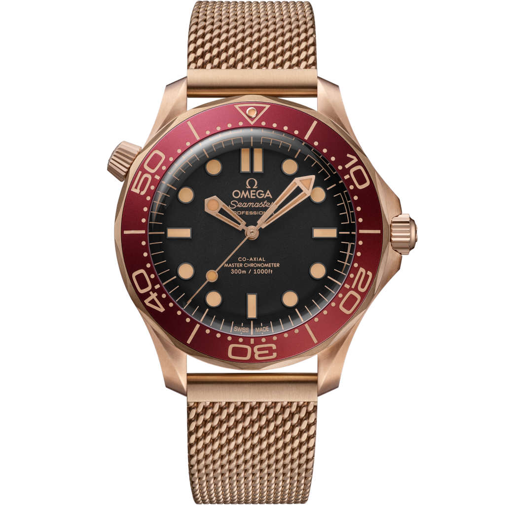 Omega Seamaster Diver 300M Bronze Gold men's automatic watch, 42mm bronze gold case, black dial, burgundy bezel, mesh bracelet – full front view