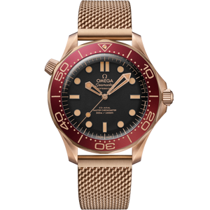 Omega Seamaster Diver 300M Bronze Gold men's automatic watch, 42mm bronze gold case, black dial, burgundy bezel, mesh bracelet – full front view