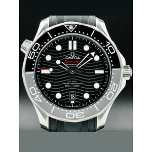 Omega Seamaster Diver 300M men's automatic watch, 42mm stainless steel case, black dial, black rubber strap – front view on dark background