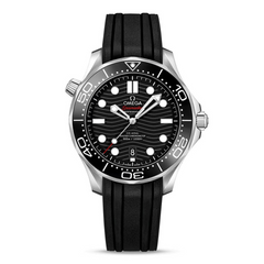 Omega Seamaster Diver 300M men's automatic watch, 42mm stainless steel case, black dial, black rubber strap – front view