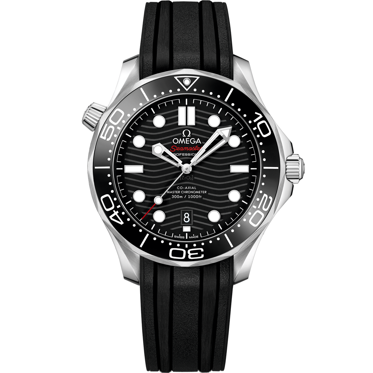 Omega Seamaster Diver 300M men's automatic watch, 42mm stainless steel case, black dial, black rubber strap – full front view