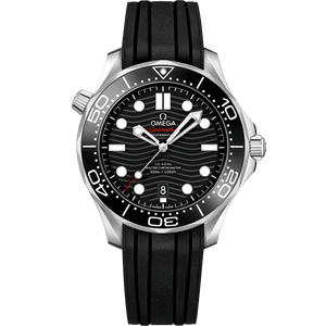 Omega Seamaster Diver 300M men's automatic watch, 42mm stainless steel case, black dial, black rubber strap – full front view