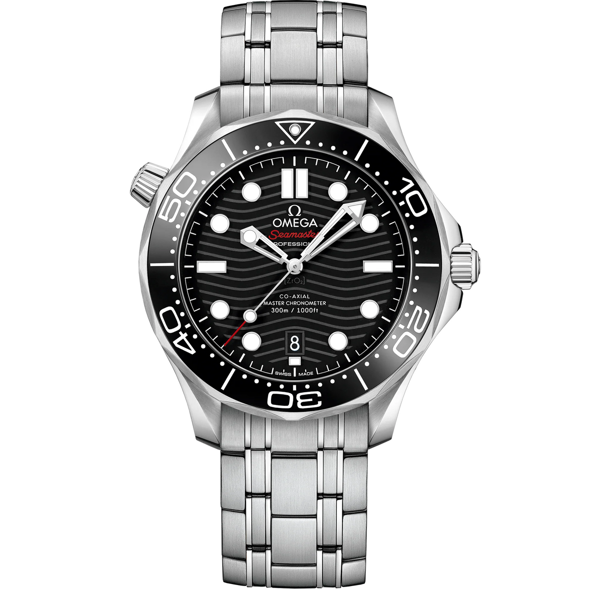 Omega Seamaster Diver 300M men's automatic watch, 42mm stainless steel case, black dial, steel bracelet – front view
