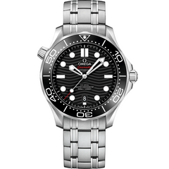 Omega Seamaster Diver 300M men's automatic watch, 42mm stainless steel case, black dial, steel bracelet – front view