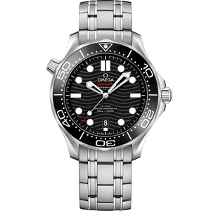 Omega Seamaster Diver 300M men's automatic watch, 42mm stainless steel case, black dial, steel bracelet – front view