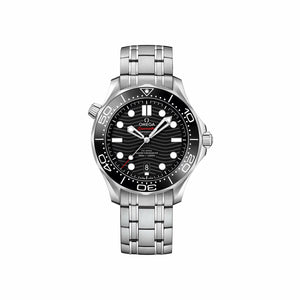 Omega Seamaster Diver 300M men's automatic watch, 42mm stainless steel case, black dial, steel bracelet – full front view
