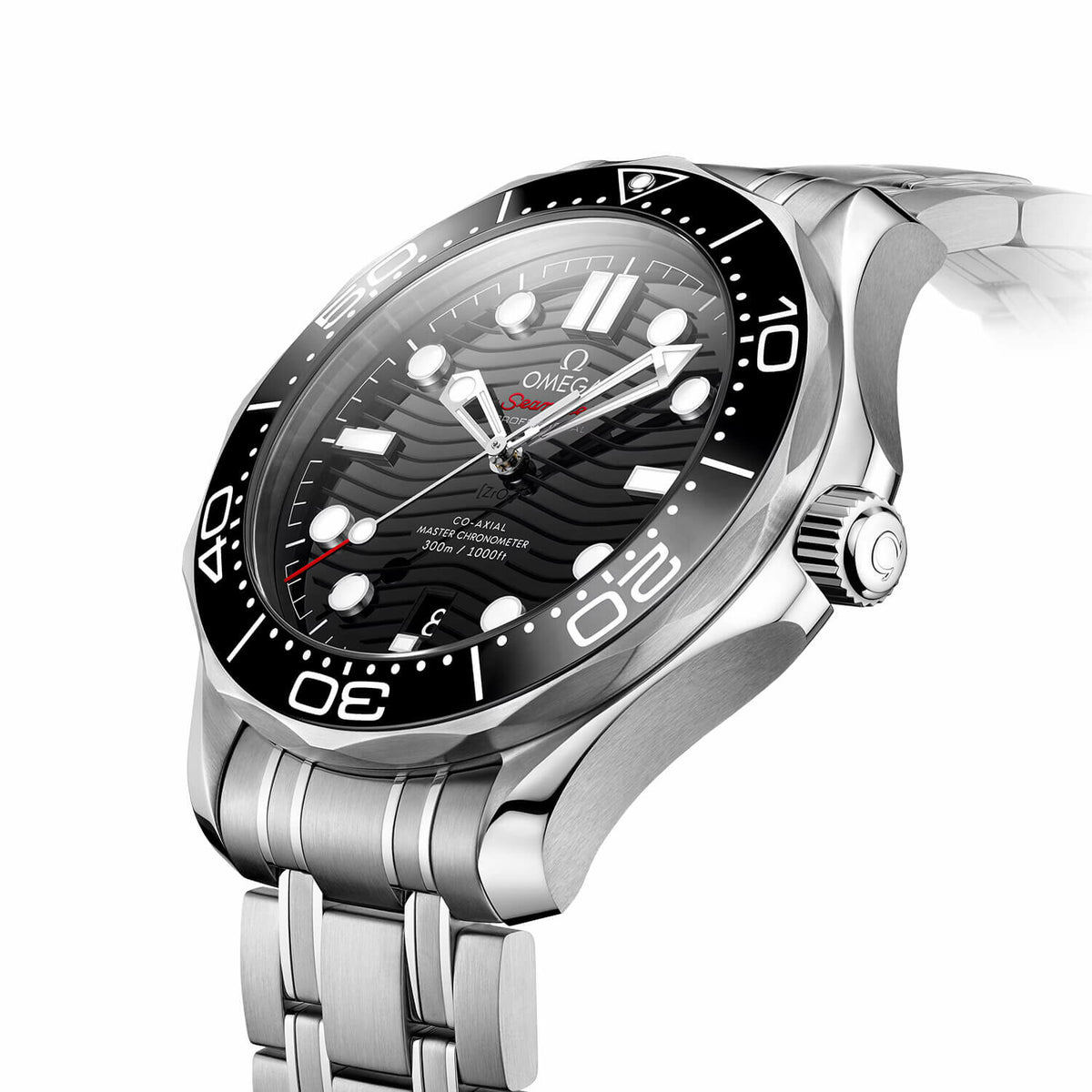 Omega Seamaster Diver 300M men's automatic watch, 42mm stainless steel case, black dial, steel bracelet – side angle view