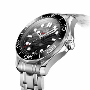 Omega Seamaster Diver 300M men's automatic watch, 42mm stainless steel case, black dial, steel bracelet – side angle view