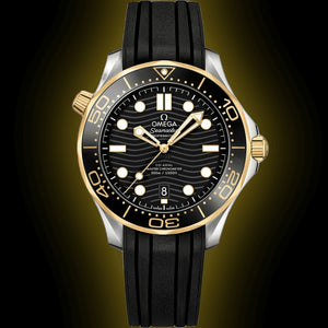 Omega Seamaster Diver 300M men's automatic watch, 42mm steel and yellow gold case, black dial, black rubber strap – front view on dark background