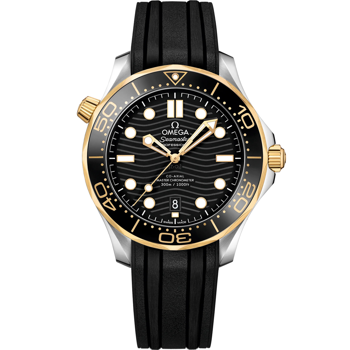 Omega Seamaster Diver 300M men's automatic watch, 42mm steel and yellow gold case, black dial, black rubber strap – front view