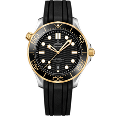 Omega Seamaster Diver 300M men's automatic watch, 42mm steel and yellow gold case, black dial, black rubber strap – front view