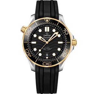 Omega Seamaster Diver 300M men's automatic watch, 42mm steel and yellow gold case, black dial, black rubber strap – front view