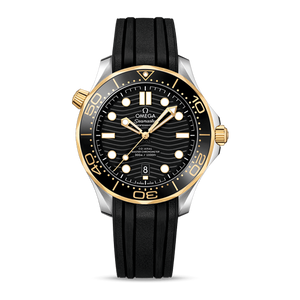 Omega Seamaster Diver 300M men's automatic watch, 42mm steel and yellow gold case, black dial, black rubber strap – full front view