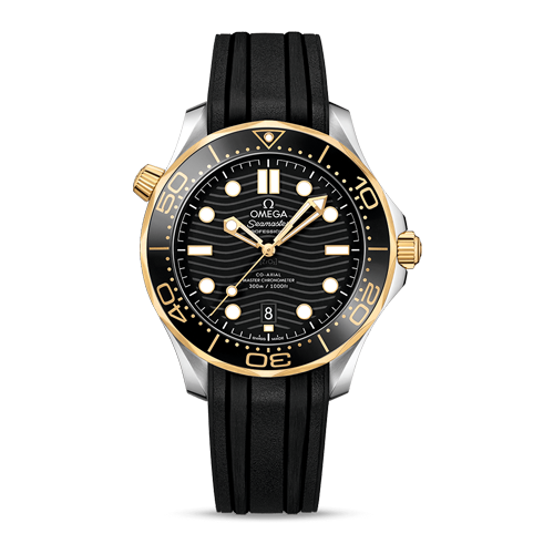 Omega Seamaster Diver 300M men's automatic watch, 42mm steel and yellow gold case, black dial, black rubber strap – full front view