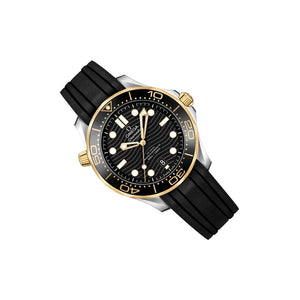 Omega Seamaster Diver 300M men's automatic watch, 42mm steel and yellow gold case, black dial, black rubber strap – left angle view