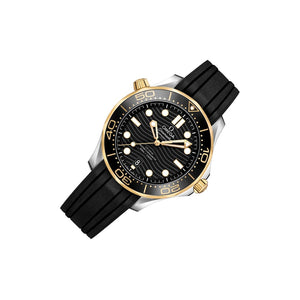 Omega Seamaster Diver 300M men's automatic watch, 42mm steel and yellow gold case, black dial, black rubber strap – right angle view
